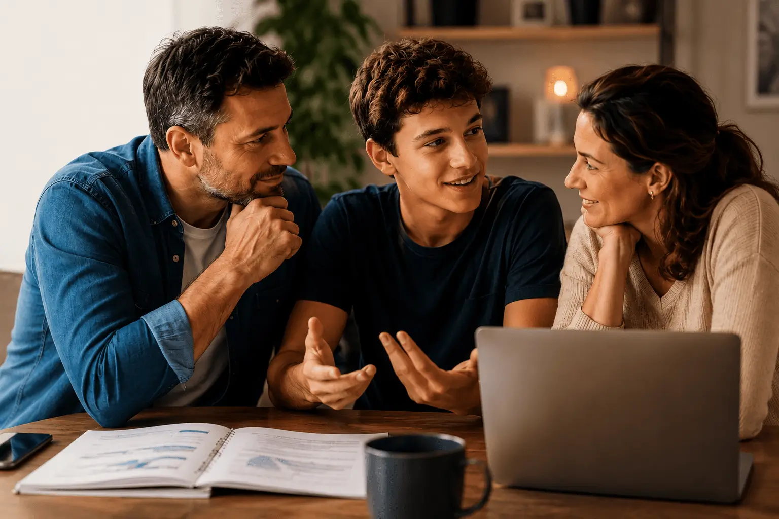 Família conversando sobre futuro com laptop e café